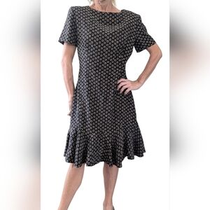 Vintage Scaasi Silk Midi Dress Black Geometric Ruffle Hem 90s Size 10